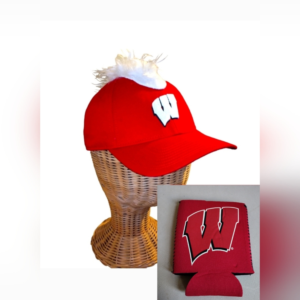 University Of Wisconsin Badger Fuzzy Hair Fan Hat Cap + Stitched UW Can KOOZIE